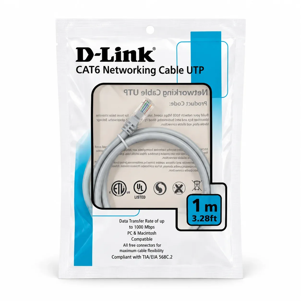 D-Link NCB-C6UGRYR1-1 Cat6 UTP Grey RJ45 Patch Cord 1m