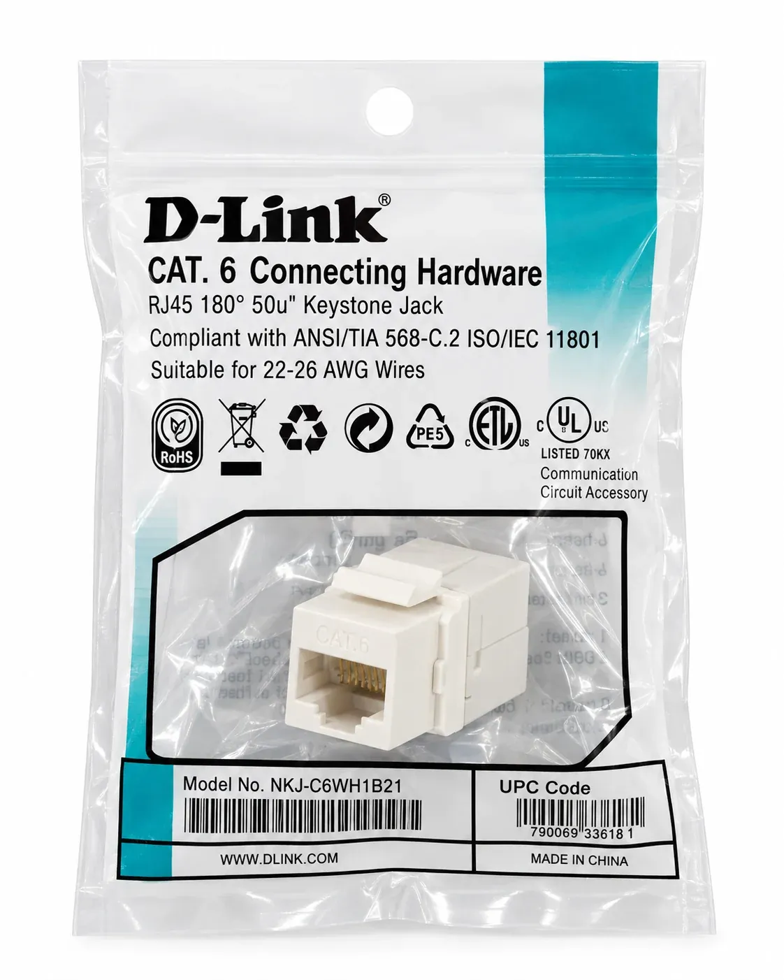 D-Link NKJ-C6WHI1B21 Cat6 UTP 180° White Keystone Jack
